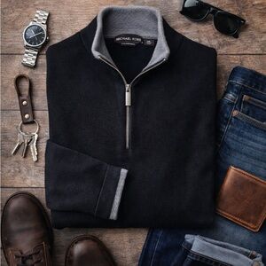 Michael Kors Extra Fine Merino Wool Quarter Zip Sweater Black XXL